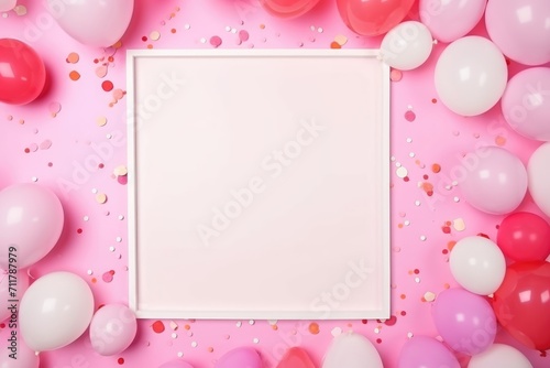 Frame from balloons and confetti on pink background. Valentines day, holiday concept. Flat lay, top view. Birthday party background with copy space