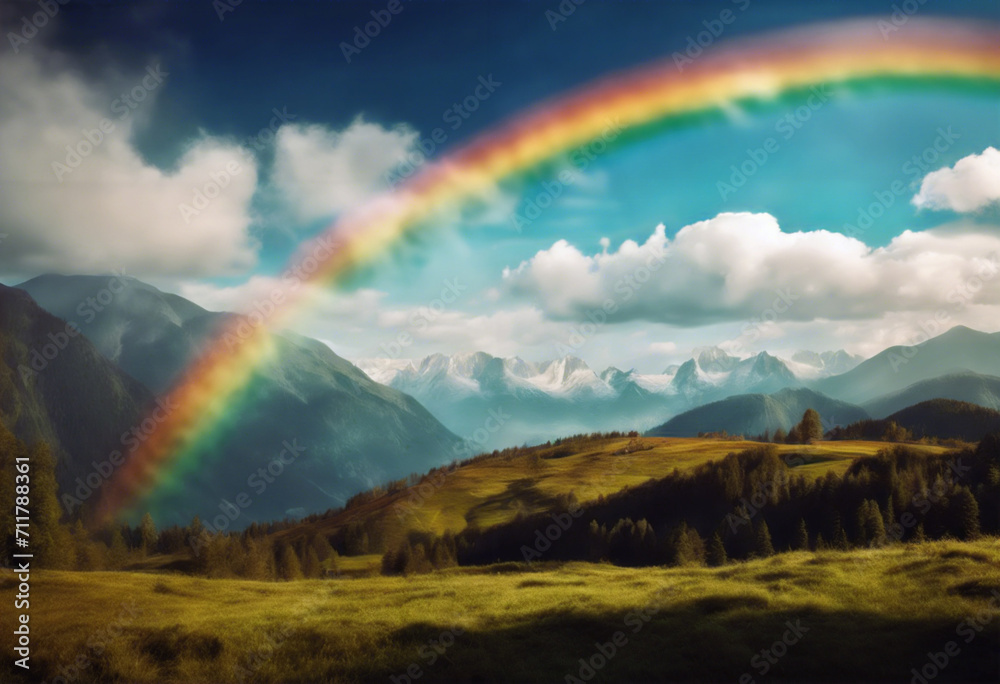 Arco Celeste- Paesaggio Montano Pittoresco con una Splendida Arcobaleno nel Cielo Blu