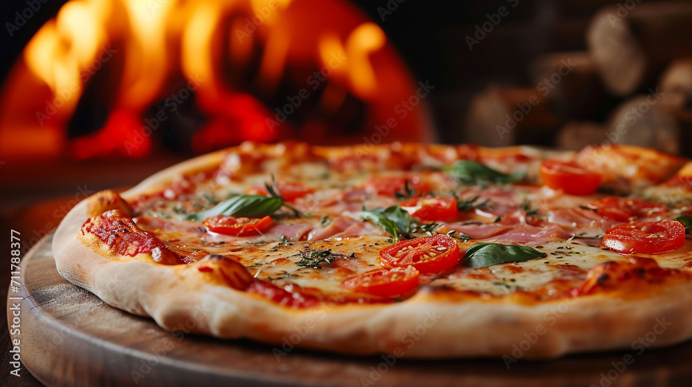 Traditional delicious cheese pizza with tomatoes and ham with a fire in the oven on the background. Pizzeria background Traditional delicious cheese pizza with tomatoes and ham with a fire in the oven on the background. Pizzeria background