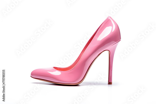 Side view of single elegant shiny pink high heel woman shoe on white background