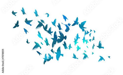 A flock of blue watercolor flying birds. Free birds abstraction. hand drawing. Not AI. Vector illustration