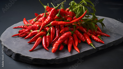 a group of red peppers on a black surface