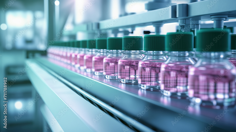 Production of cosmetics, healthcare products, and pharmaceuticals. Glass bottles with pink product on a conveyer belt. Modern manufacturing facility. Life sciences industry, biotechnology. Production of cosmetics, healthcare products, and pharmaceuticals. Glass bottles with pink product on a conveyer belt. Modern manufacturing facility. Life sciences industry, biotechnology.
