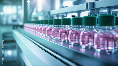 Production of cosmetics  healthcare products  and pharmaceuticals. Glass bottles with pink product on a conveyer belt. Modern manufacturing facility. Life sciences industry  biotechnology.