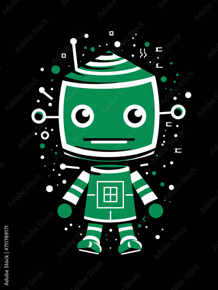 T-shirt design, Minimalist white on a green background negative space whimsical cuteness, Robot created with Generative Ai T-shirt design, Minimalist white on a green background negative space whimsical cuteness, Robot created with Generative Ai