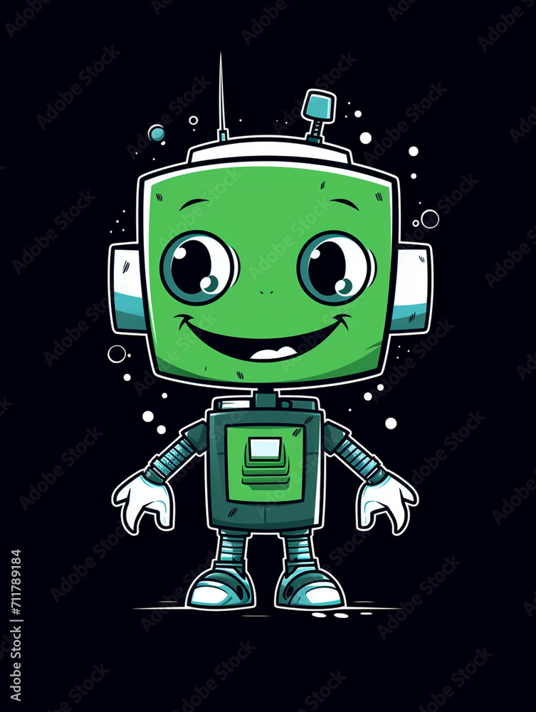 Fototapeta premium T-shirt design, Minimalist white on a green background negative space whimsical cuteness, Robot created with Generative Ai