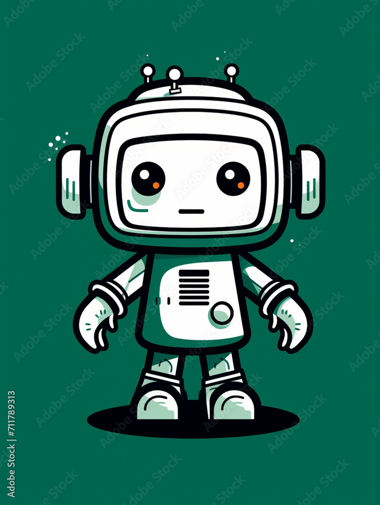 Fototapeta premium T-shirt design, Minimalist white on a green background negative space whimsical cuteness, Robot created with Generative Ai