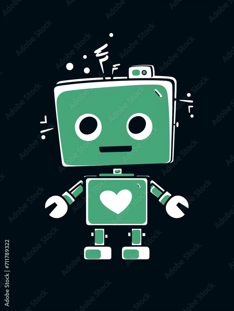 Fototapeta premium T-shirt design, Minimalist white on a green background negative space whimsical cuteness, Robot created with Generative Ai