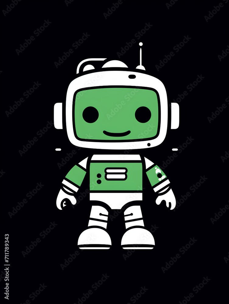 T-shirt design, Minimalist white on a green background negative space whimsical cuteness, Robot created with Generative Ai