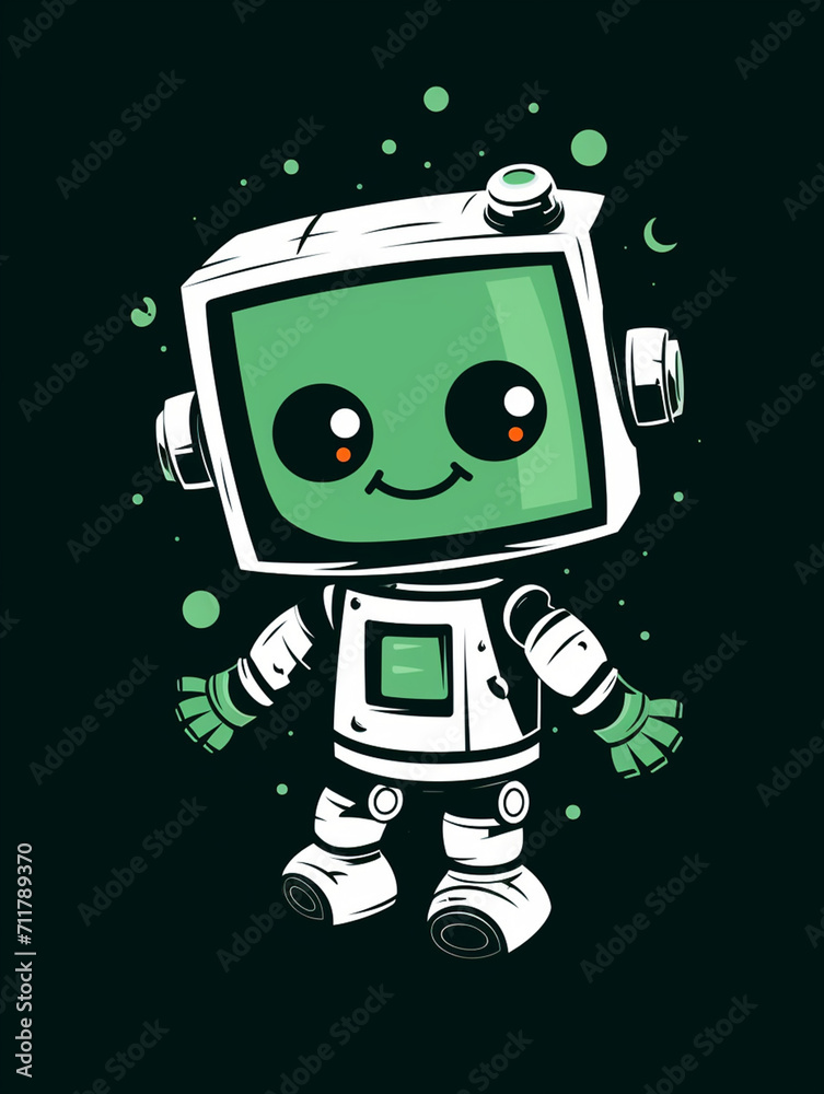 Fototapeta premium T-shirt design, Minimalist white on a green background negative space whimsical cuteness, Robot created with Generative Ai