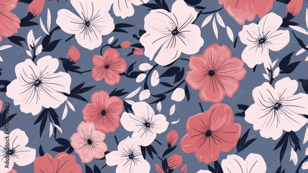 Blue and pink flower pattern with leaves