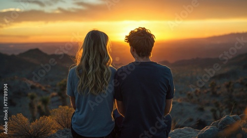 Couple watching sunset in desert, warm golden hour light, back view, serene landscape