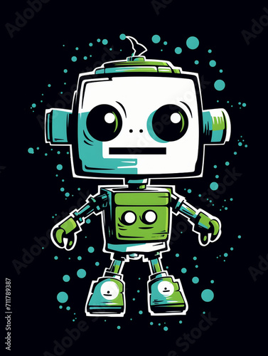 T-shirt design, Minimalist white on a green background negative space whimsical cuteness, Robot created with Generative Ai