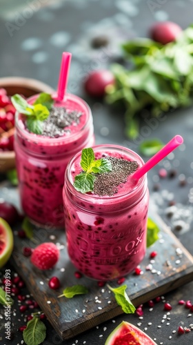 Pink Smoothie. Greenery, Fruits. Raw eating. Body cleansing. Colorful Vegetarian juices. Healthy lifestyle. Eco-friendly. Farm. Healthy Food. Organic products. Proper nutrition