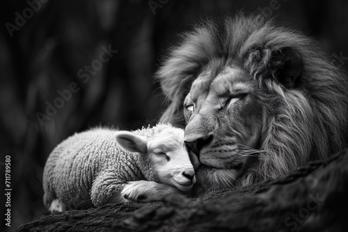 Lion resting beside a peaceful lamb, symbolizing the harmony and peace found in the Kingdom of God.
