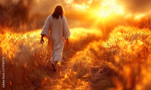 Jesus Christ walking in a wheat field. A biblical Christian photo for church publications. AI  photo