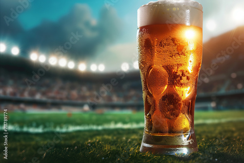 Glass of beer stands on green grass on soccer football field photo