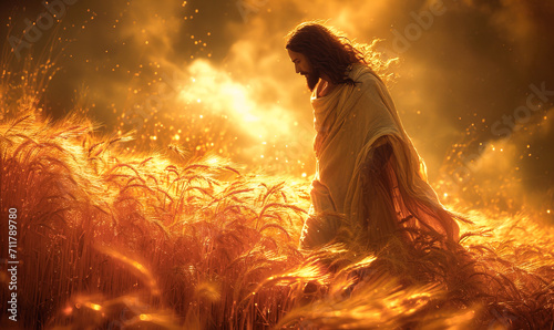 Jesus Christ walking in a wheat field. A biblical Christian photo for church publications. AI 