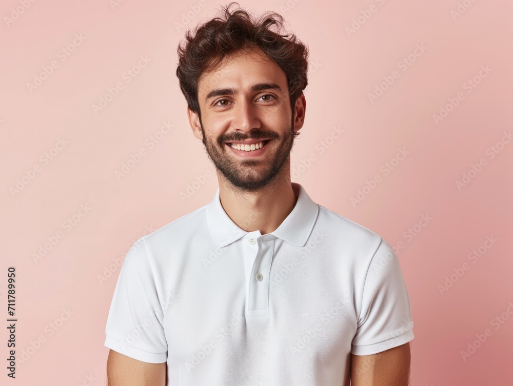 Isolated Portrait of a Friendly Man with Beard in White Polo on Pink Background. Generative AI. Isolated Portrait of a Friendly Man with Beard in White Polo on Pink Background. Generative AI.