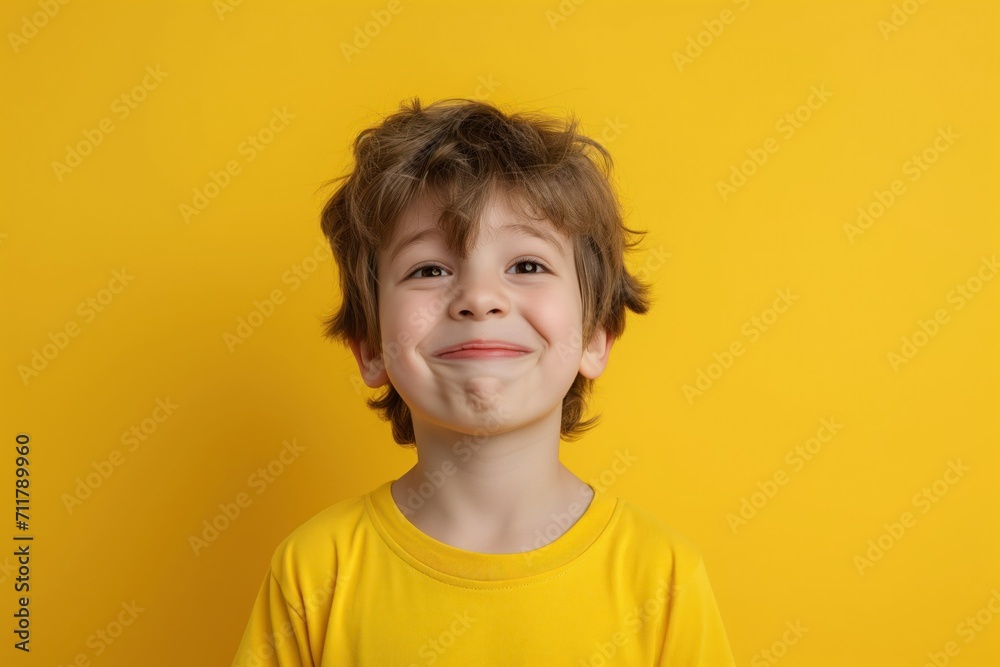 Isolated Portrait of a Joyous Little Boy with Curly Hair on Vibrant Yellow Background. Generative AI. Isolated Portrait of a Joyous Little Boy with Curly Hair on Vibrant Yellow Background. Generative AI.