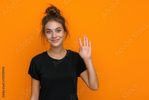 Isolated Portrait of a Welcoming Young Woman with Updo on Orange Background. Generative AI.