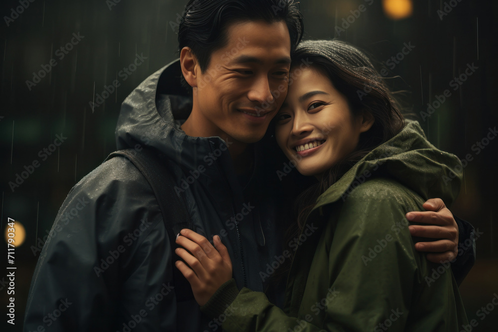 A happy Asian couple enjoying nature in the rain, sharing smiles and love, creating a beautiful and romantic scene. A happy Asian couple enjoying nature in the rain, sharing smiles and love, creating a beautiful and romantic scene.