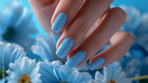 Glamour woman hand with baby blue color nail polish manicure on fingers, touching light blue flower petals, close up for cosmetic advertising, feminine product, romantic atmosphere use.