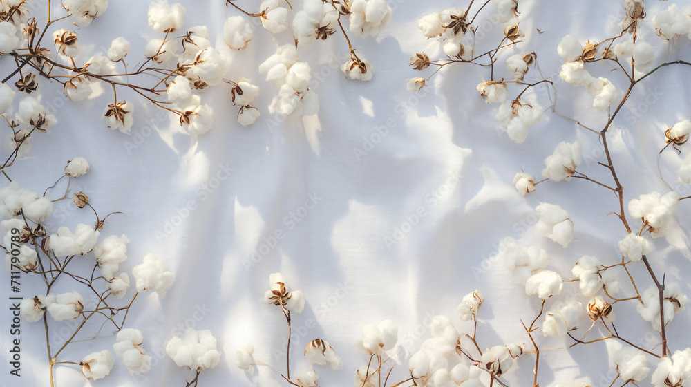 Cotton flower on white cotton fabric cloth backgrounds with copy space. - obrazy, fototapety, plakaty 