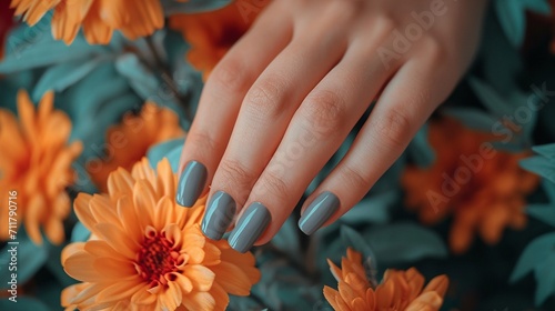 Glamour woman hand with trendy gray color nail polish manicure on fingers, touching summer flower petals, close up for cosmetic advertising, feminine product, romantic atmosphere use. photo