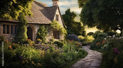 A picturesque countryside cottage surrounded by blooming gardens, featuring a clear area for text overlay amidst the charming scenery.  - Generative AI photo