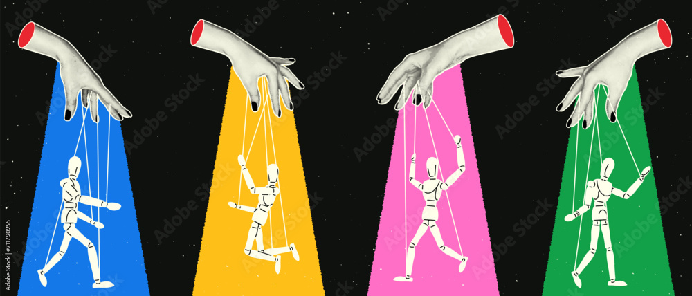 A hand with a halftone effect controls the puppet. Manipulation and micromanagement concept in retro collage style.