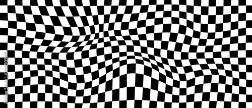Groovy checkered background. Psychedelic checkerboard texture with distortion. Funky fashionable hippie textile print in retro style.