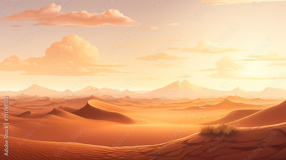 A picturesque desert vista with sand dunes and a beautiful sunset, providing an open area for text placement against the desert backdrop. - Generative AI