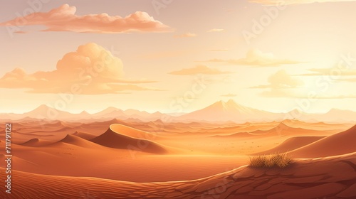 A picturesque desert vista with sand dunes and a beautiful sunset  providing an open area for text placement against the desert backdrop. - Generative AI