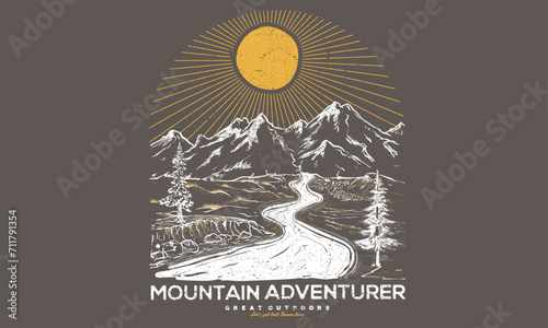 Explore the great outdoors, vector mountain with sunset. Vintage mountain graphic artwork for t shirt and others. Hill peak adventure vintage print design. Life is good. Adventure is calling.