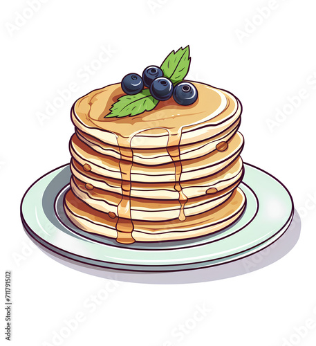 Pancake stack with syrup honey and blueberries on plate, vector cartoon illustration on white background 