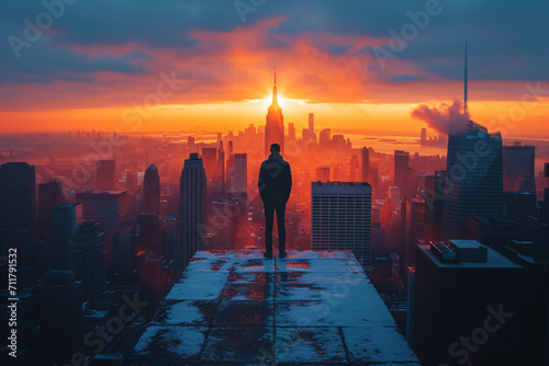 a lone figure standing on a rooftop in a sunset city