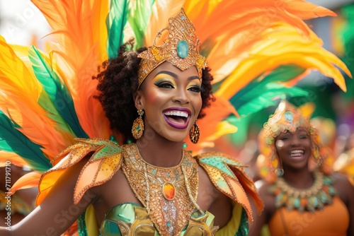 Beautiful Brazilian woman wearing colorful Carnival costume. Samba carnival dancer in feathers costume. Street parade in city, celebrating party. Bright tropical colors