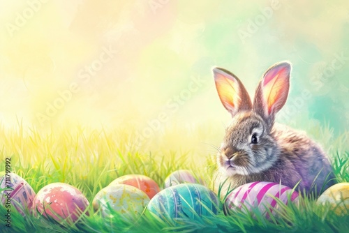 Easter greeting card with bunnies and eggs.