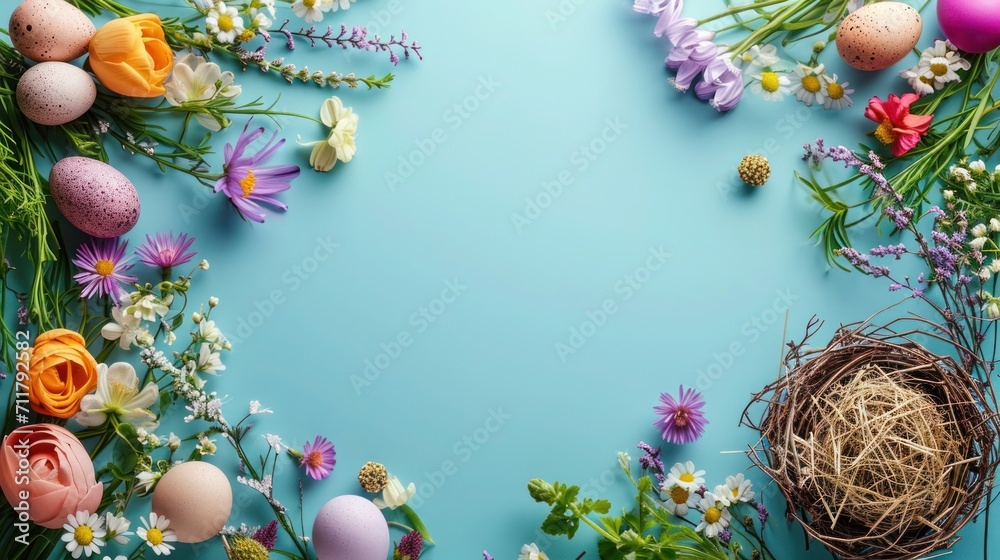 Spring Easter arrangement greeting card in blue pastel tones