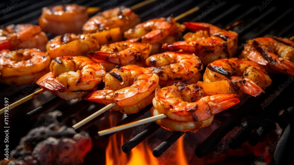 Skewered shrimp grilling, seafood delight capture