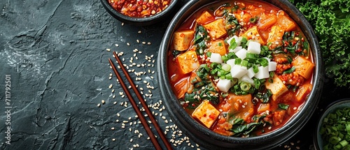 Korean food, Kimchi soup with tofu and pork in Korean stone pot.Generative AI photo