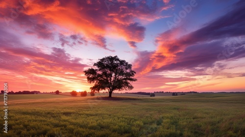 A picturesque sunset casting hues of orange and pink over a serene countryside - Generative AI