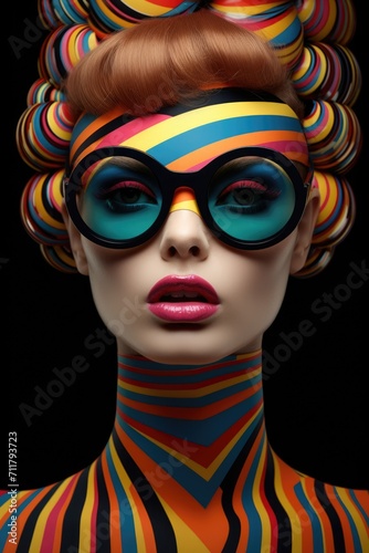 Woman model in colorful glasses, in the style of pop art influence
