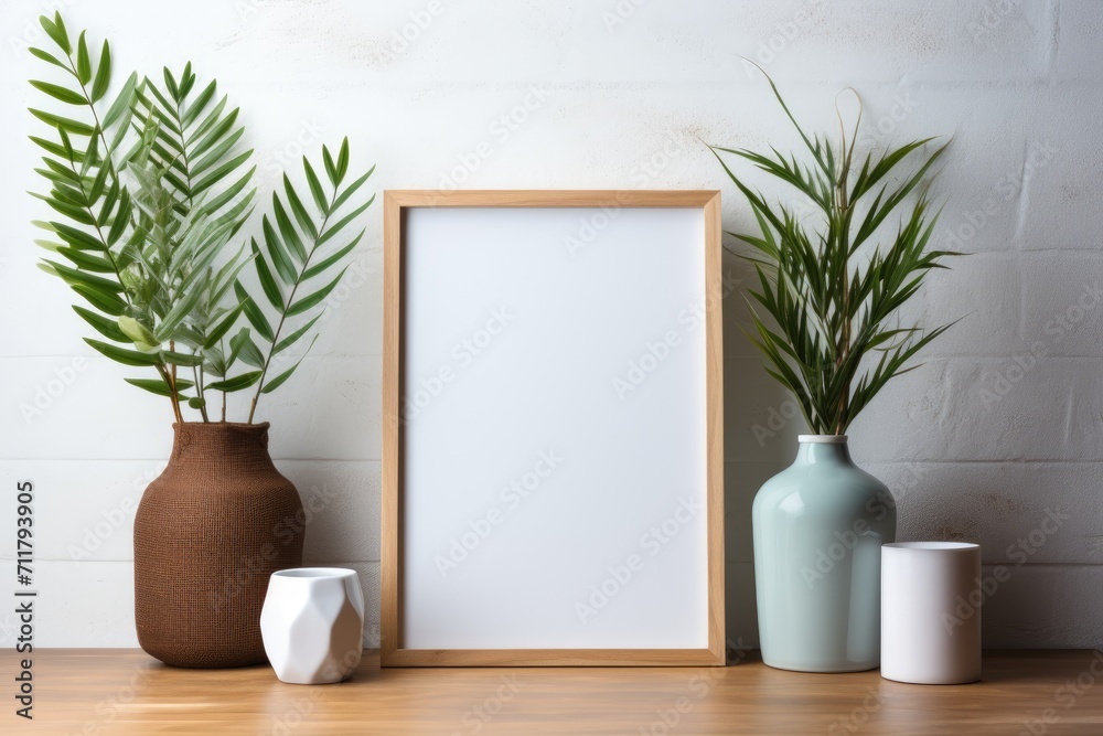 Empty wooden picture frame mockup on table leaning on the white wall with a green plant. Empty wooden picture frame mockup on table leaning on the white wall with a green plant.