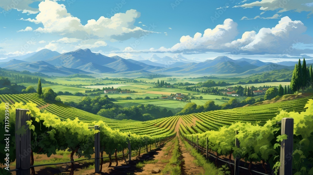A picturesque vineyard landscape with rows of grapevines and distant mountains - Generative AI