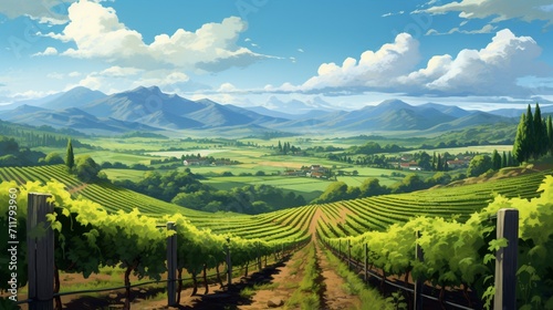 A picturesque vineyard landscape with rows of grapevines and distant mountains - Generative AI