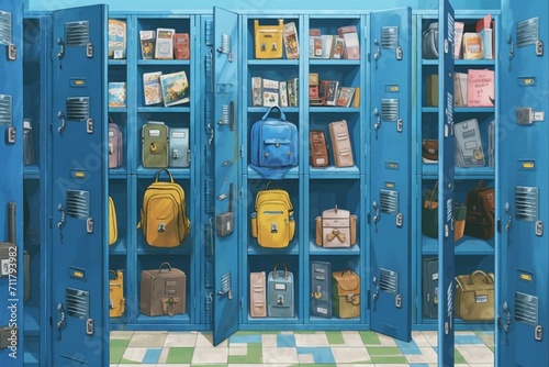 Open blue school lockers filled with school supplies. Generative AI