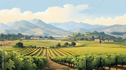 A picturesque vineyard landscape with rows of grapevines and distant mountains - Generative AI