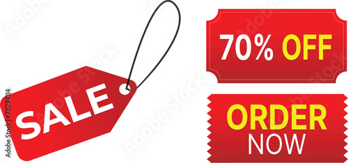 Sale, 70% off, order now banners. Red ribbons, tags and stickers. Vector illustration. photo
